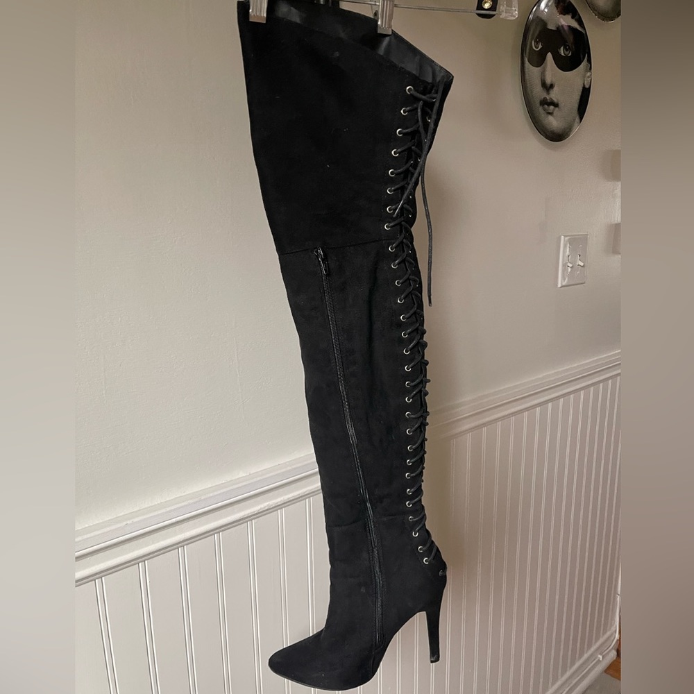 Over the knee suede lace up heeled boots